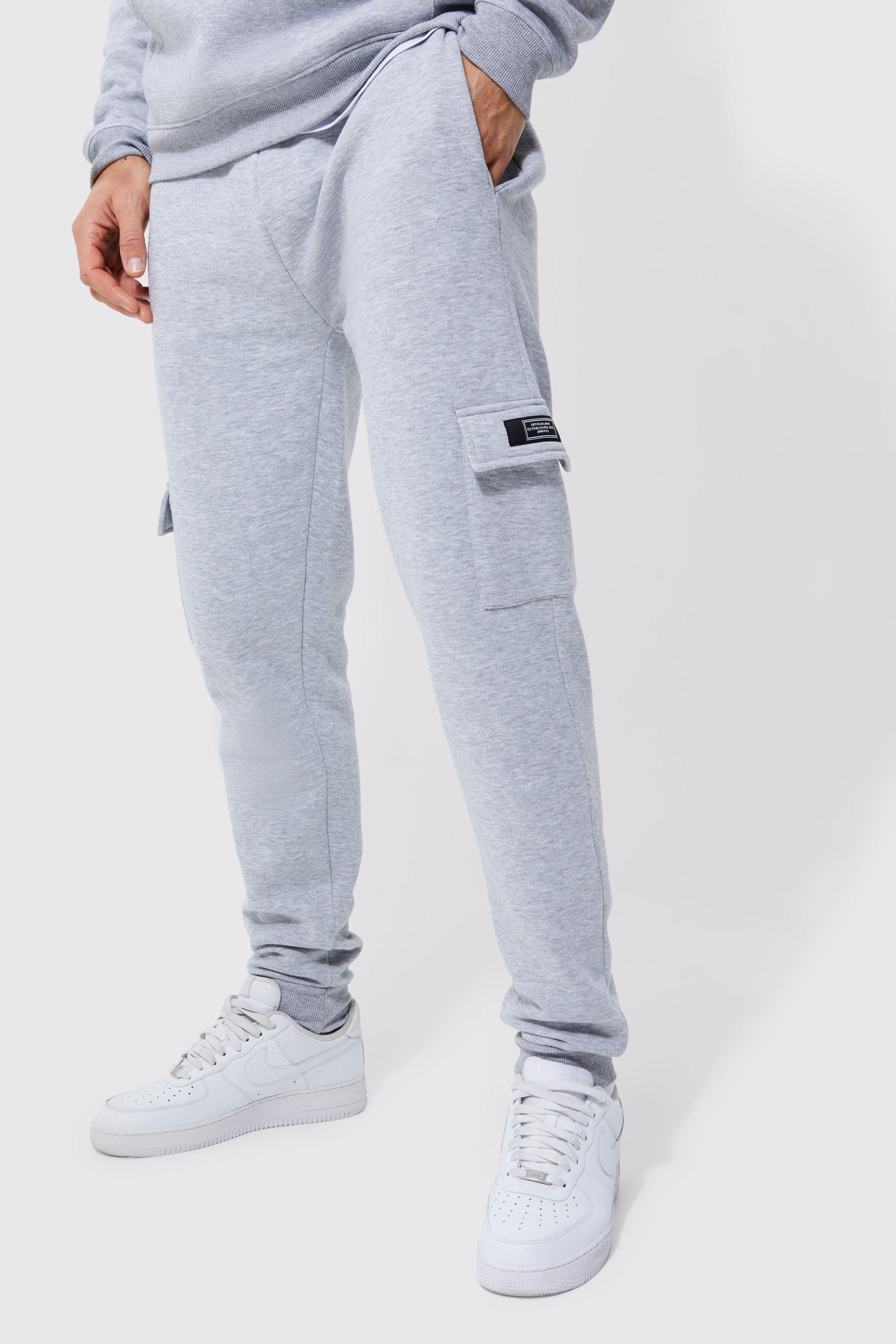 Mens Grey Tall Jersey Cargo Joggers With Woven Tab, Grey